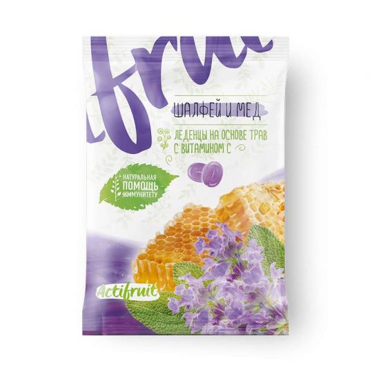 АКТИФРУТ леденцовая карамель с витамином С со вкусом шалфея с медом 60г Гуслица